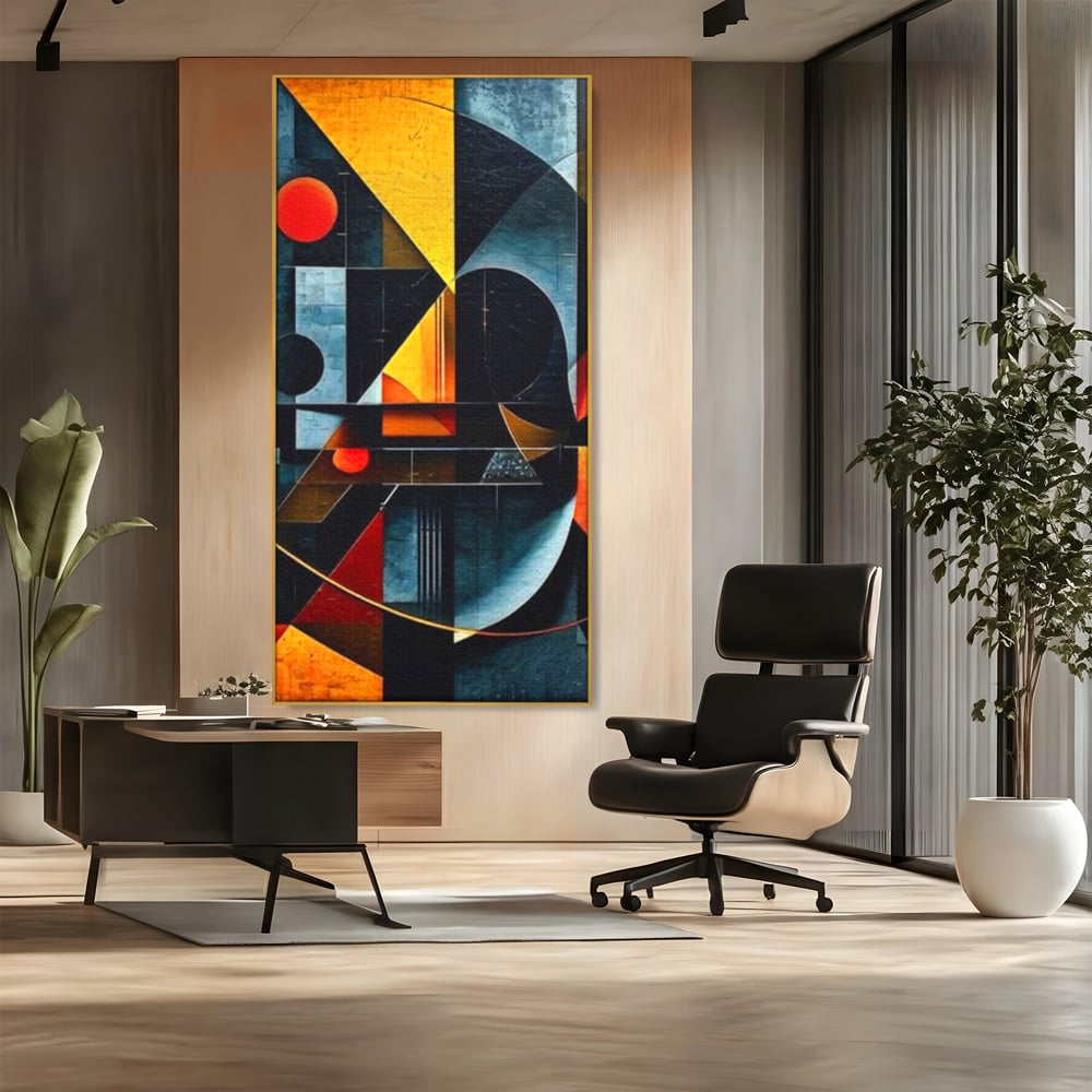 Tablou canvas cu pictura abstracta cu forme geometrice, in rama de aluminiu auriu, pe perete intr-un birou